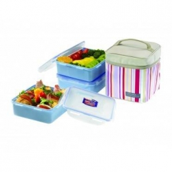 Lock & Lock Square Lunch Box 3-pcs Set with Insulated Bag Pink