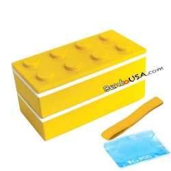 Block Bento Lunch Box 2 tier with Chopsticks and Cold Gel Yellow