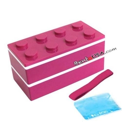 Lacquer Block Bento Lunch Box 2 tier with Chopsticks and Cold Gel Pink