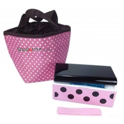 Lacquer Bento Box Polka Dot Pink with Cold Gel Pack and Insulated Bag
