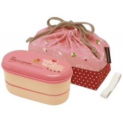 Japanese 2-tier Bento Lunch Box Set with Strap Pink Pig
