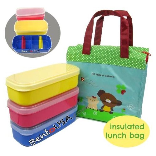 Insulated Bag 3 Bento Lunch Boxes with Removable Dividers for 