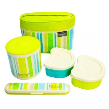 Stainless Steel Lunch Box set 560ml Green Stripe with Fork